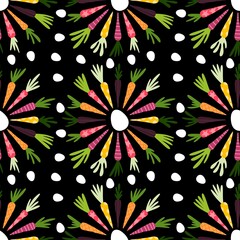 Summer vegetable seamless carrots and Easter eggs pattern for wrapping paper and fabrics and kids clothes