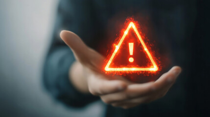 A person holding out their hand with an exclamation mark inside it, indicating that they have dangerous software or digital products in front of them