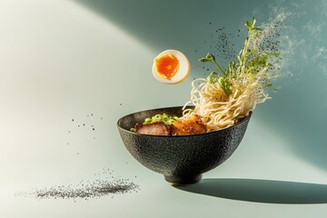 Artistic ramen bowl with noodles, egg, and pork in mid-air