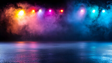 Fototapeta premium Colorful Neon Stage Lighting With Wet Floor Reflection