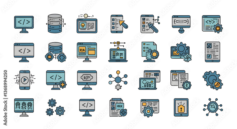 Poster coding and technology icon set depicting development, data, and software engineering