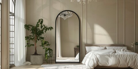 A Minimalist Bedroom with an Arch Mirror and a White Bed