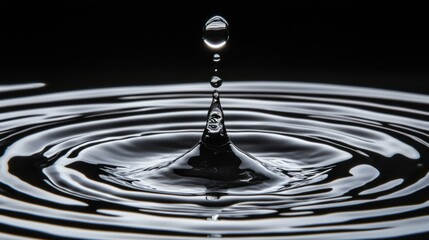 A water droplet impacting liquid, creating ripples in a black and white scene.