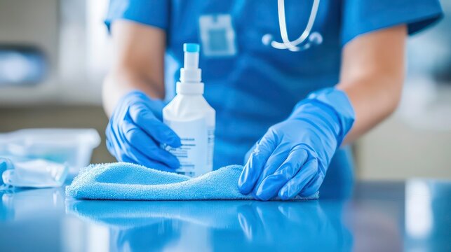 Cleaning staff wipes office table with disinfectant spray, cloth. Person wears blue gloves. Maintaining workplace hygiene essential. Pro cleaning staff ensures healthy work environment. Focus on