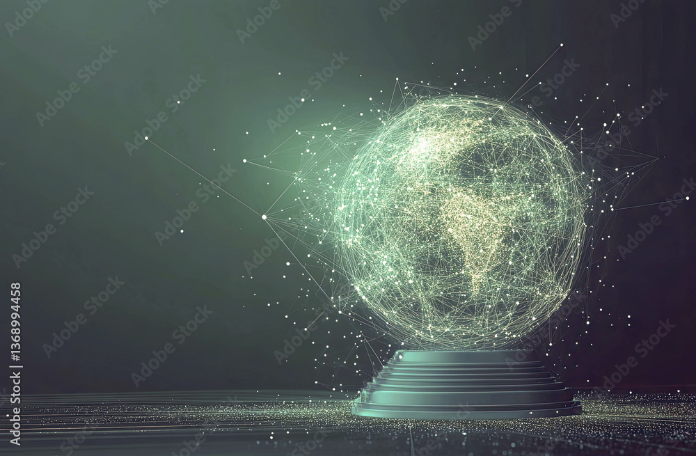 Poster digital globe hologram with glowing effects on podium against dark blue background