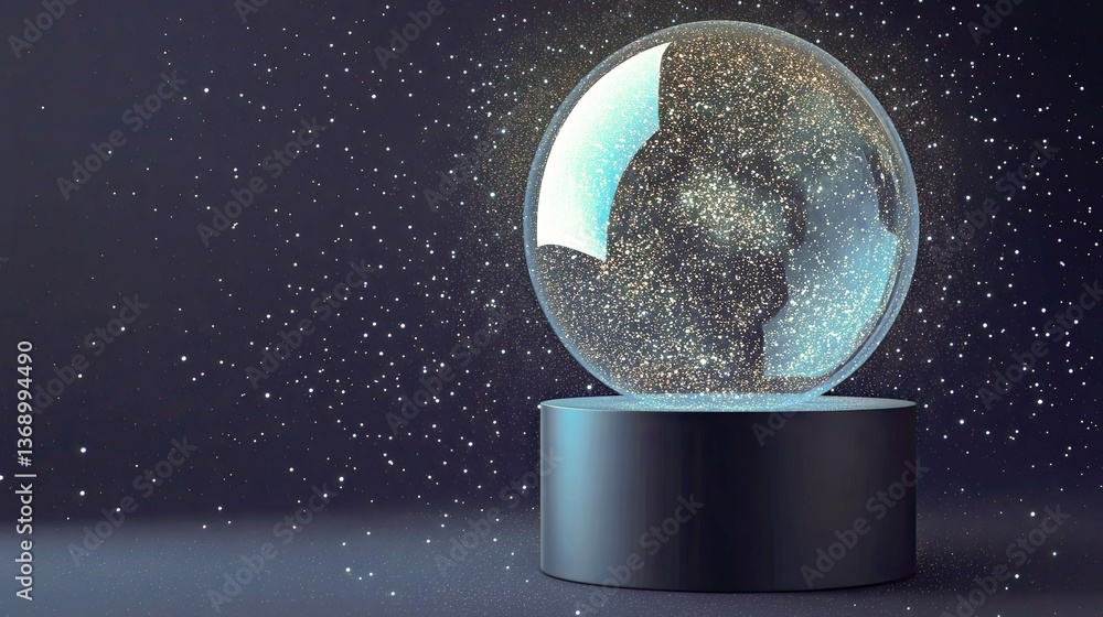 Poster glowing digital globe hologram on podium with captivating light effects in dark blue background