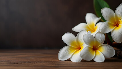 Plumeria placed on a wooden floor, leaving some space.