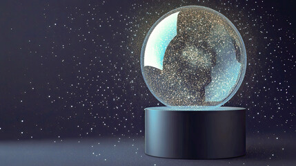 Glowing digital globe hologram on podium with captivating light effects in dark blue background