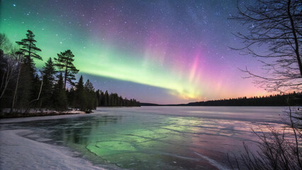 Frozen Lake Under a Northern Lights Display – A breathtaking Arctic scene with a frozen lake reflecting the colorful aurora borealis in the night sky.