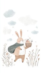 Obraz premium Cute rabbit carrying easter basket in pastel watercolor illustration