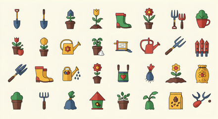 Fototapeta premium Colorful Gardening Icons and Elements in Flat Design Style for Spring Season