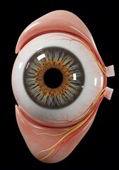 A highly detailed 3D-rendered model of the human eye, showcasing the optic nerve, cornea, and iris with ultra-realistic textures. Perfect for medical, educational, and scientific use