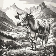 cow grazing in an alpine meadow, with mountains, a farmhouse, and wildflowers in the background, drawn in an engraved style sketch engraving generative ai