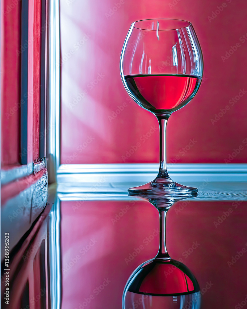 Poster Elegant red wine glass reflecting a soft ambience in a minimalistic French setting