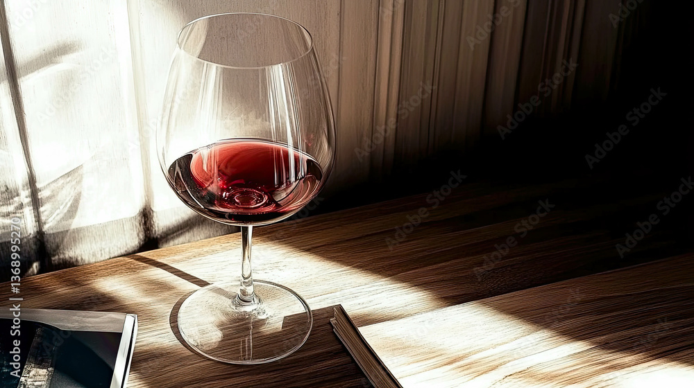 Poster elegant minimalism of red wine glass reflecting soft light in a tranquil setting