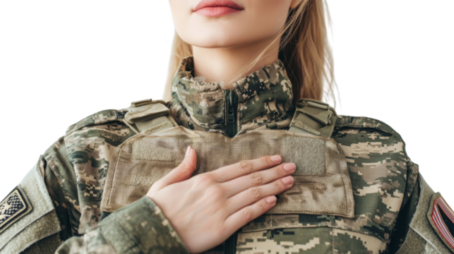 Png of A young Caucasian female soldier proudly saluting in military uniform, symbolizing dedication and honor on transparent background.