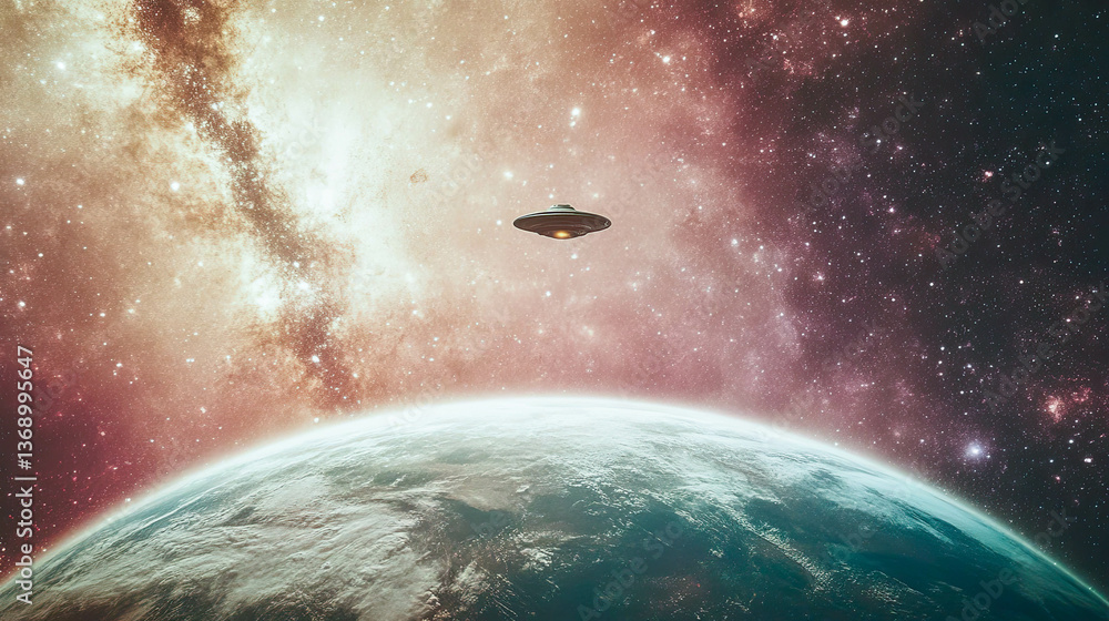 Poster exploring the cosmos with a tiny ufo above a miniature earth