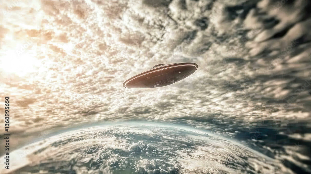 Poster a ufo hovers over a tiny earth in the vastness of space, exploring the unknown
