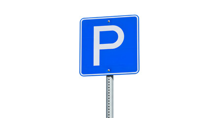 A bold blue parking sign stands tall, a simple yet vital guide for drivers seeking respite and a place to leave their vehicles, a beacon of convenience against a stark white background.