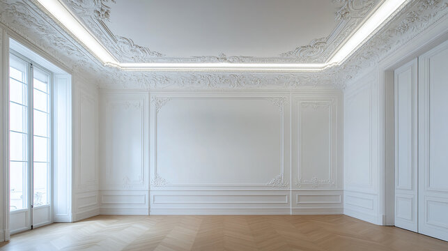 Naklejki Aesthetic scene in neoclassical style with moldings and decorative accents. Classical room interior design with empty light wall background for art or moodboard mockup. Bare room without furniture. AI