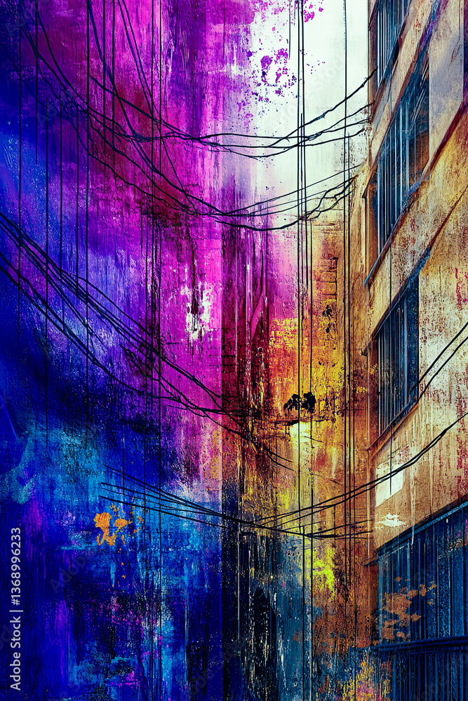 Poster abstract energy flows through an urban landscape in vibrant hues and dynamic textures