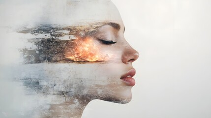 Visual exploration of inner turmoil with a woman's silhouette merging with chaotic elements at dawn in an ethereal landscape