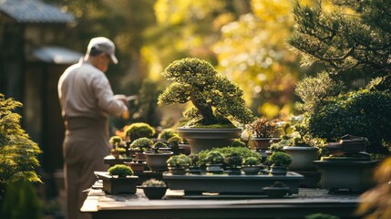 A man tending to a collection of meticulously curated bonsai trees outdoors.