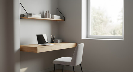 Fototapeta premium Minimalist home office setup with floating desk and natural light ambiance