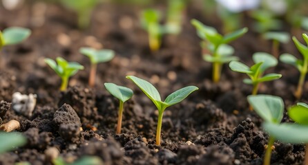 Young Green Seedlings Emerging from Soil in Early Spring Garden