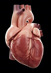 A highly detailed 3D render of the human heart, anatomically accurate, with realistic textures and soft lighting