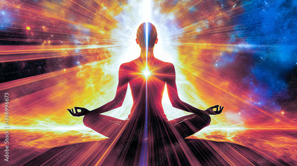 Poster sitting in the lotus position, a radiant figure connects with the cosmos at dawn