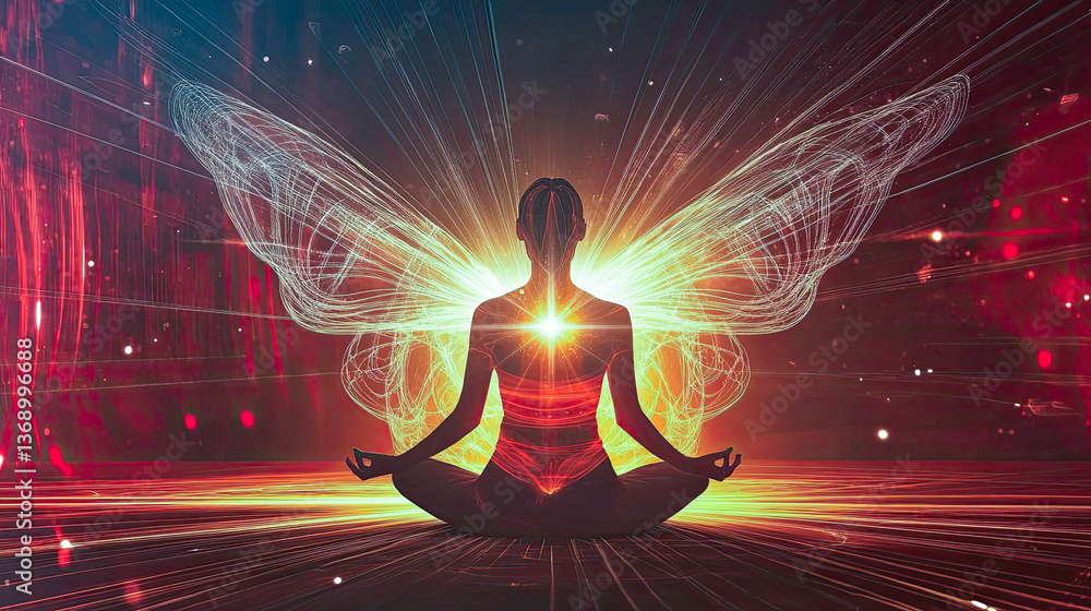 Poster person glowing in lotus position with cosmic backdrop and luminous wings radiating energy