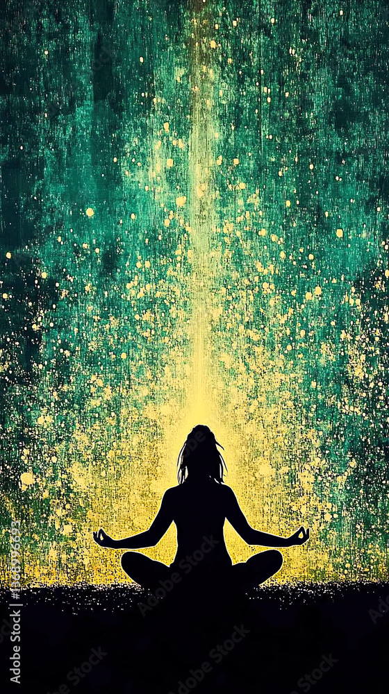 Poster glow of the cosmos rising in meditation with radiant energy flowing through the universe