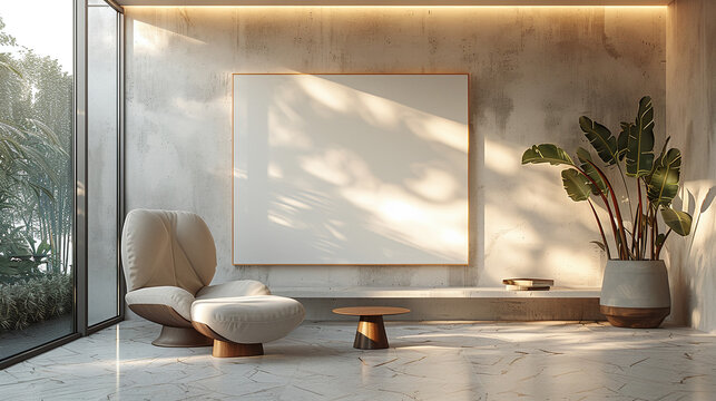 Art frame mockup on gray microcement wall in modern interior scene. Horizontal canvas frame artwork template mock up, painting, photo or poster in interior design. Accent large template. AI