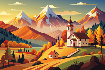 vector of Iconic picture of Bavaria with Maria Gern church with Hochkalter peak on background. Fantastic autumn sunrise in Alps. Superb evening landscape of Germany countryside. Travel concept...