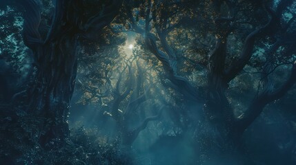 Mystical Moonlight Radiance Through Ancient Enchanted Forest Canopy