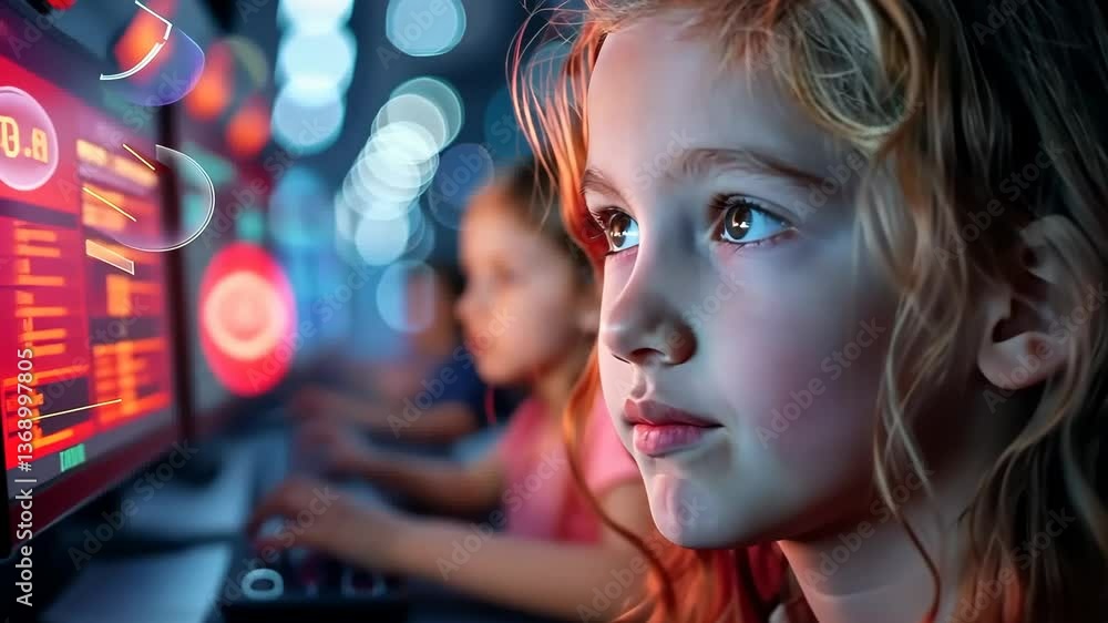 Poster children engrossed in a computer science lesson, programming their own games, showcasing digital lit