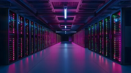 Fototapeta premium Futuristic Neon Lit Server Room Corridor