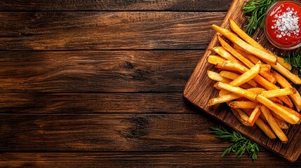 Fototapeta premium Crispy Golden French Fries with Ketchup on Rustic Wooden Board