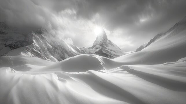 Majestic snowcapped mountain peak towering above a vast, undulating snowy landscape - Powered by Adobe