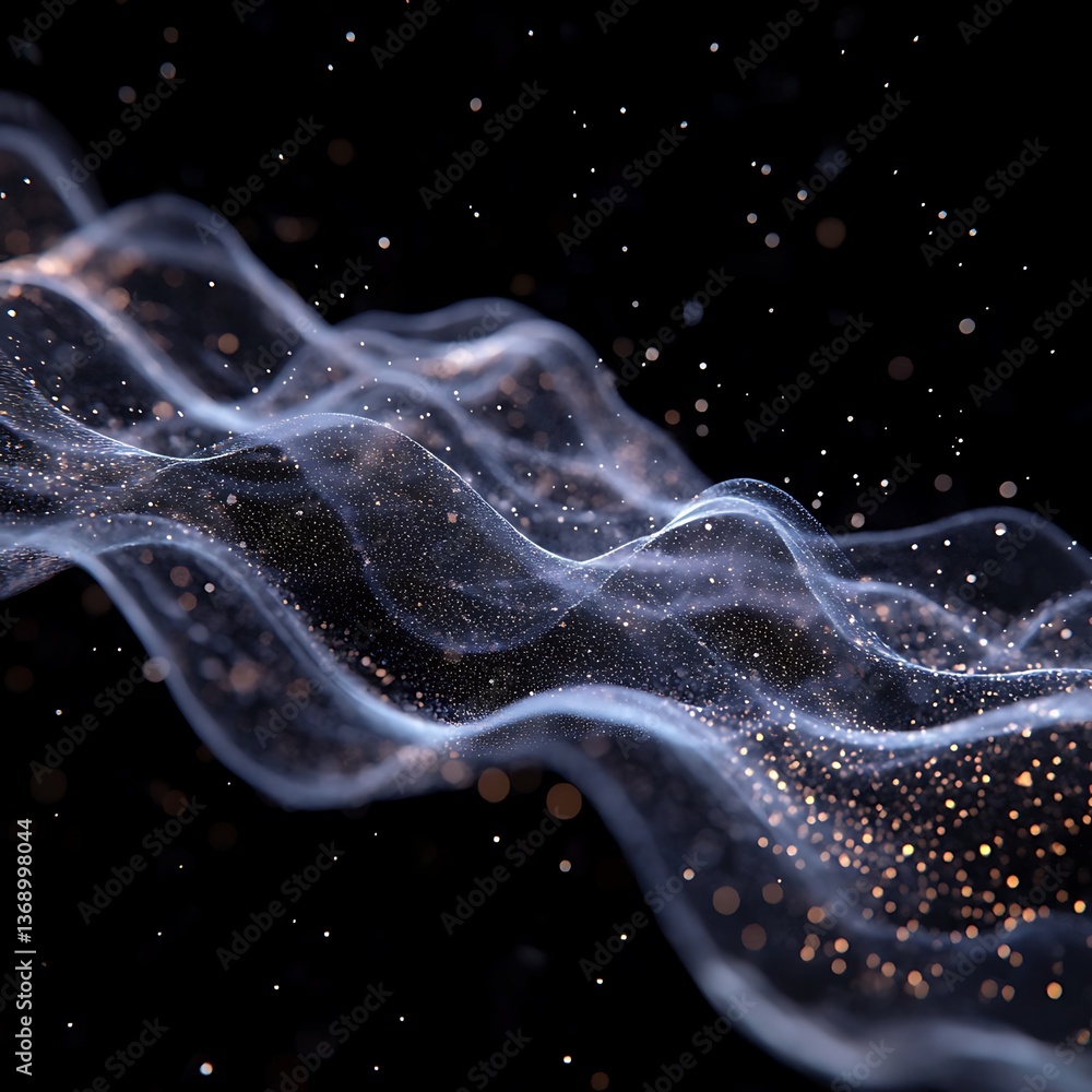 Fototapete Abstract wave of particles in motion against a dark background.  Particles shimmer and create a flowing, ethereal effect