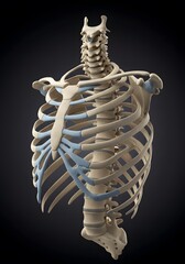 A high-quality 3D-rendered model of the human skeletal system, emphasizing the ribcage and spine.