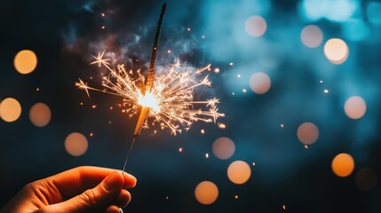 Hand holds a sparkler, bright light against a dark background with bokeh lights.