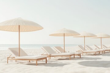 Obraz premium Serene beach view with lined sun loungers and umbrellas on sandy shore