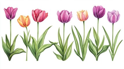 Fototapeta premium A dynamic watercolor tulip border, isolated on a transparent background, designed for use in various layouts