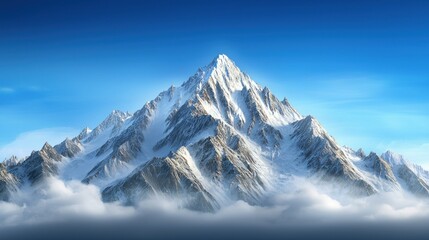 Obraz premium Majestic Snow-Capped Mountain Peak Soaring Above Clouds Under a Vivid Blue Sky