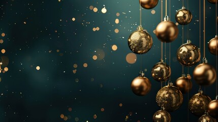 Glittering gold Christmas ornaments hanging against dark green background with blurred lights