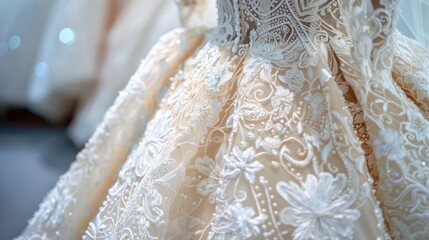 Close up of the bodice and skirt of a luxurious wedding dress with floral lace details
