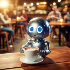 Mini ai robot drinking coffee 