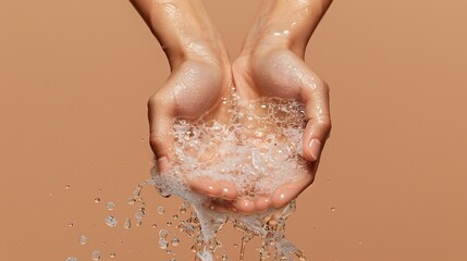 Water Splashing from Woman's Open Hands with Bubbles and Droplets